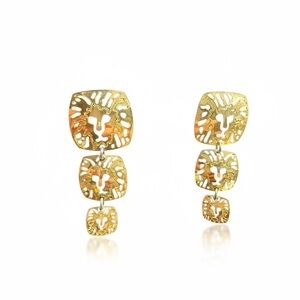 Vintage 90s Anne Klein Lion Head Gold Drop Earrings Heraldic Baroque Statement